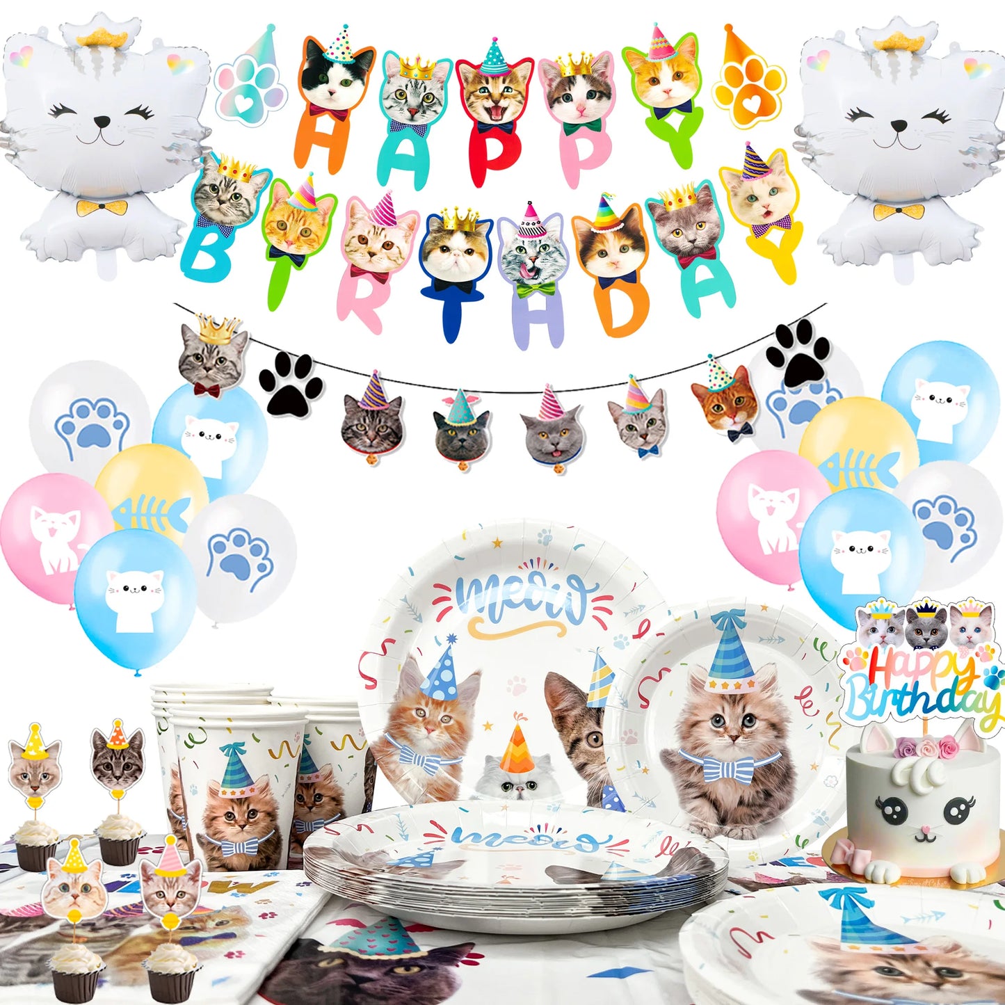 Cat Birthday Party Supplies,93pcs Birthday Decorations &Theme Tableware Set-Party Plates Napkins Tablecloth&Banner Balloons etc