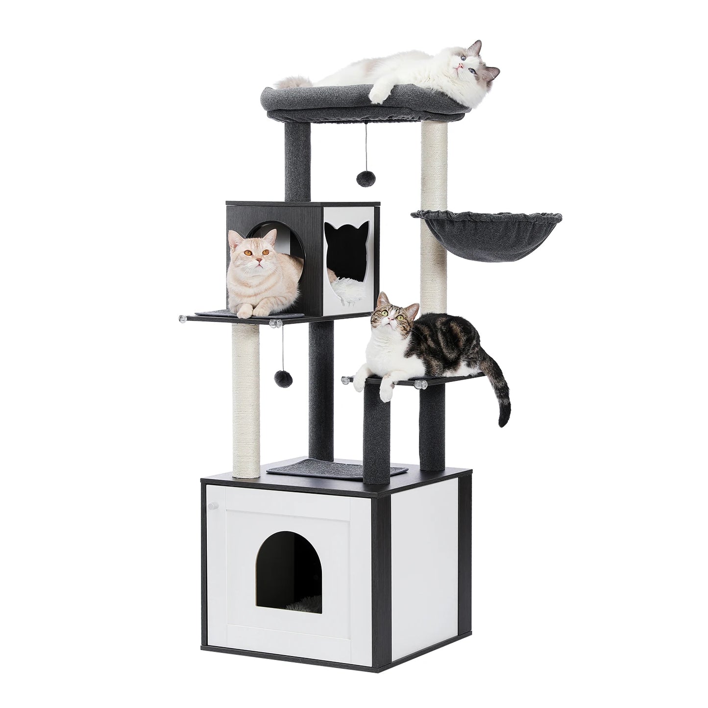 Wood Cat Tree with Storage Cabinet Sisal Scratching Post Cozy Cat Condo Soft Hammock Large Cat Tower for Indoor Cat Accessories