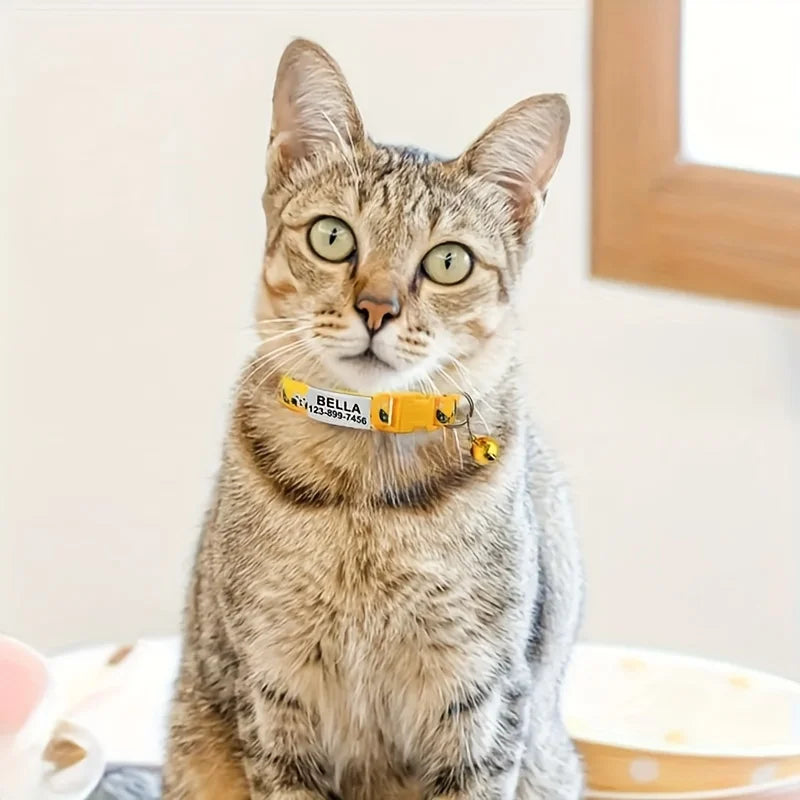 Personalized Printed Cat Collar With Bell Adjustable Kitten Puppy Collars Free Engraved ID Nameplate Anti-lost Safety Buckle