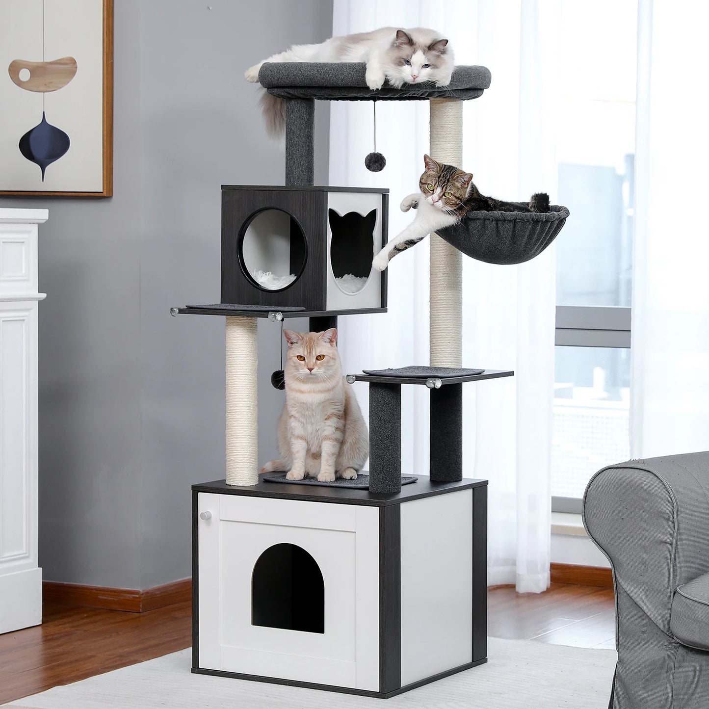 Wood Cat Tree with Storage Cabinet Sisal Scratching Post Cozy Cat Condo Soft Hammock Large Cat Tower for Indoor Cat Accessories