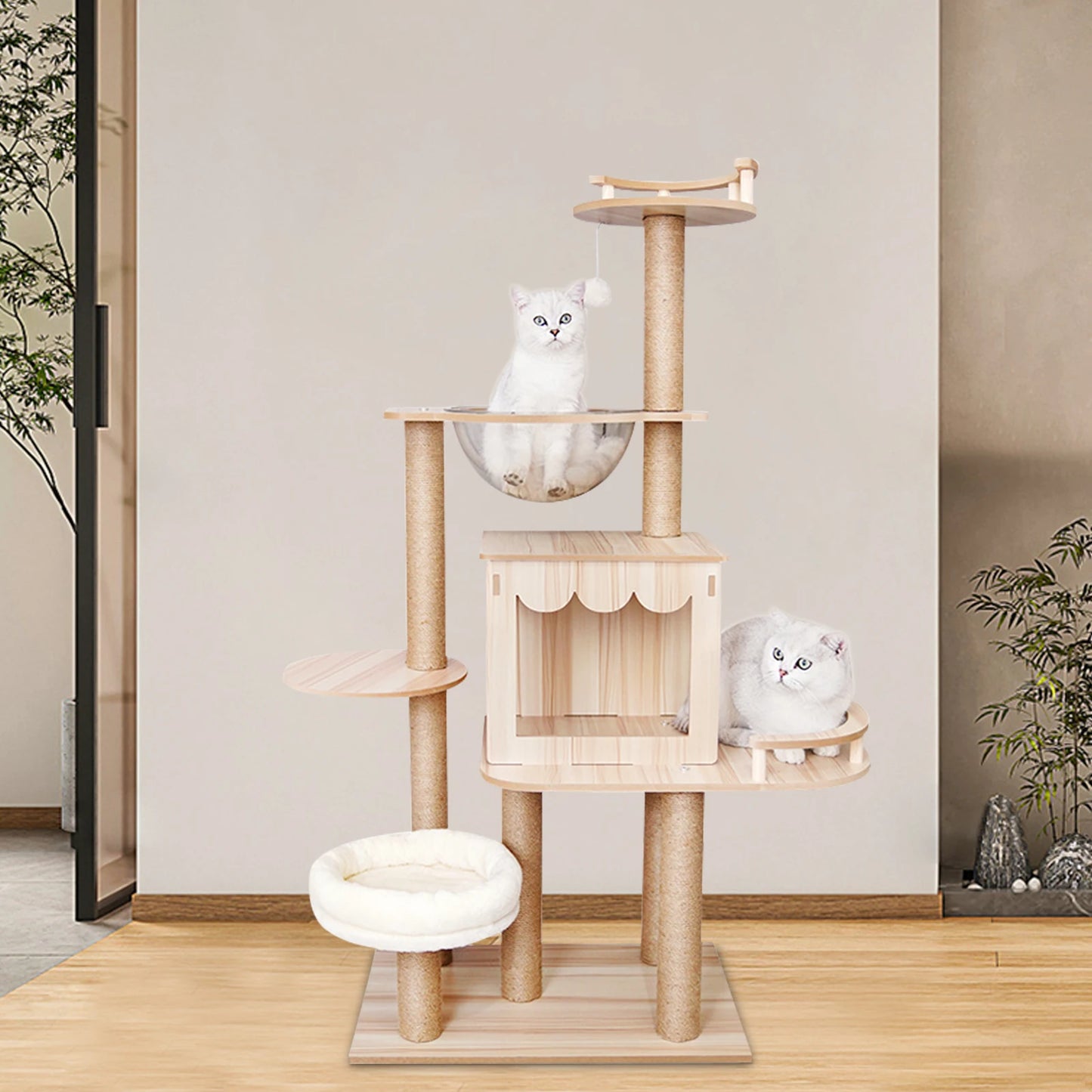 Multi-Level Wood Cat Tree Tower for Indoor All-in-one Pets Play Tree Climbing Jumping Toy Frame with Cushionss