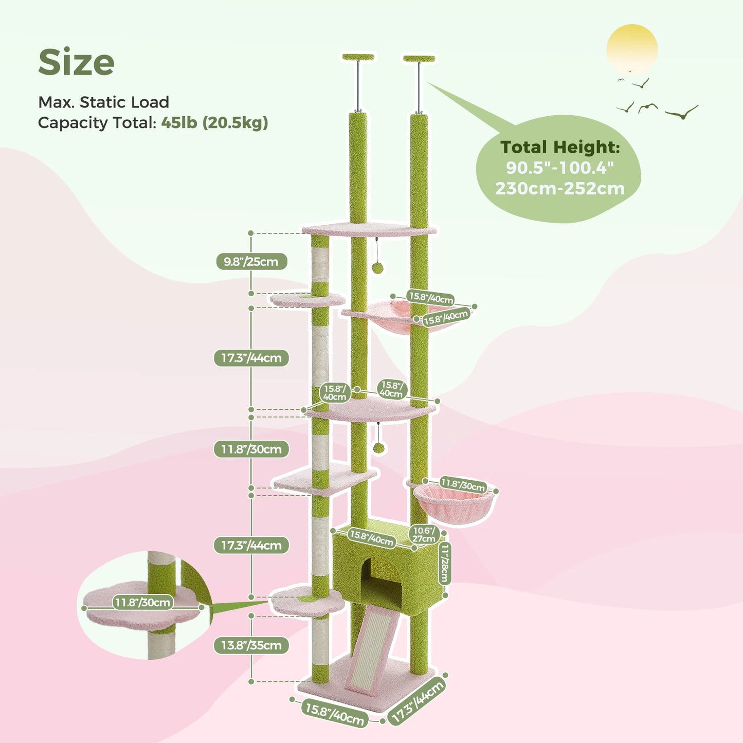 Floor to Ceiling Tall Cat Tree with Cozy Condo Hammock Sisal Scratching Post Adjustable Height Cat Tower for Indoor, 230cm-252cm