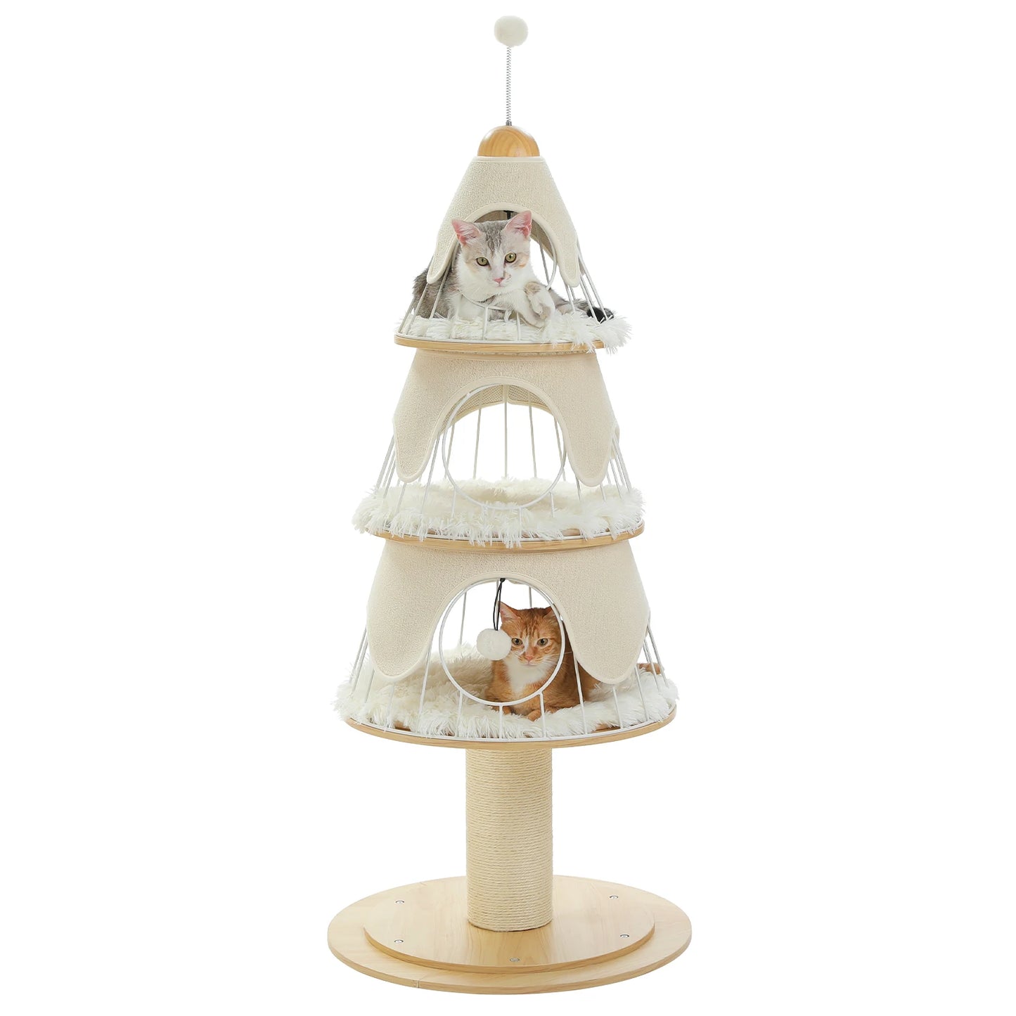 130cm Modern Cat Tree Tower with Thick Scratch Post Wood Cat Tower 3 Cozy Condos Sturdy Metal Frame and Replaceable Soft Mat