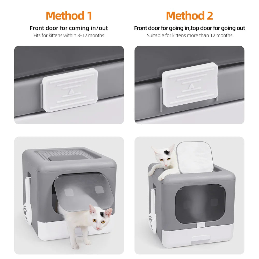 Cat Litter Box Tray Foldable Top Entry Large Cat Toilet Drawer Type with Lid Hooded Pet Kitten Litter Tray Leak-Proof with Scoop