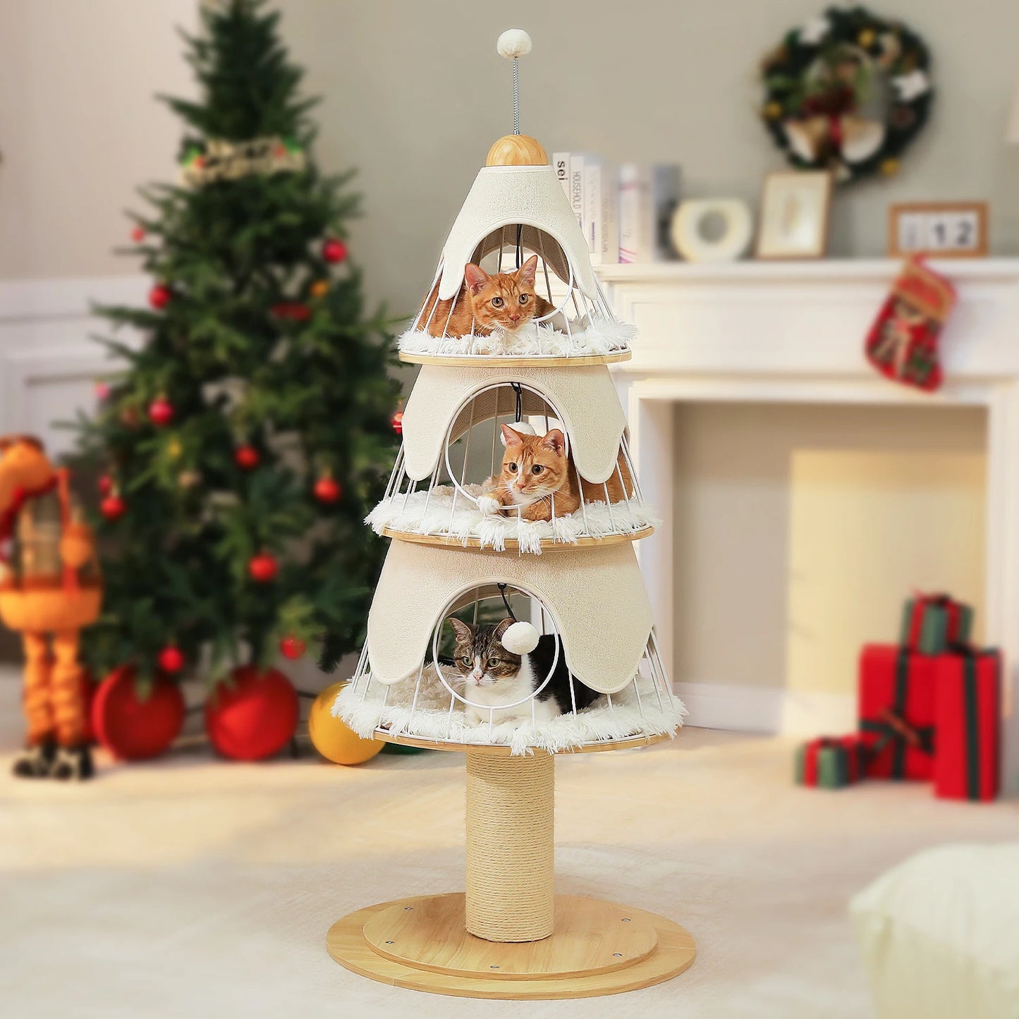 130cm Modern Cat Tree Tower with Thick Scratch Post Wood Cat Tower 3 Cozy Condos Sturdy Metal Frame and Replaceable Soft Mat