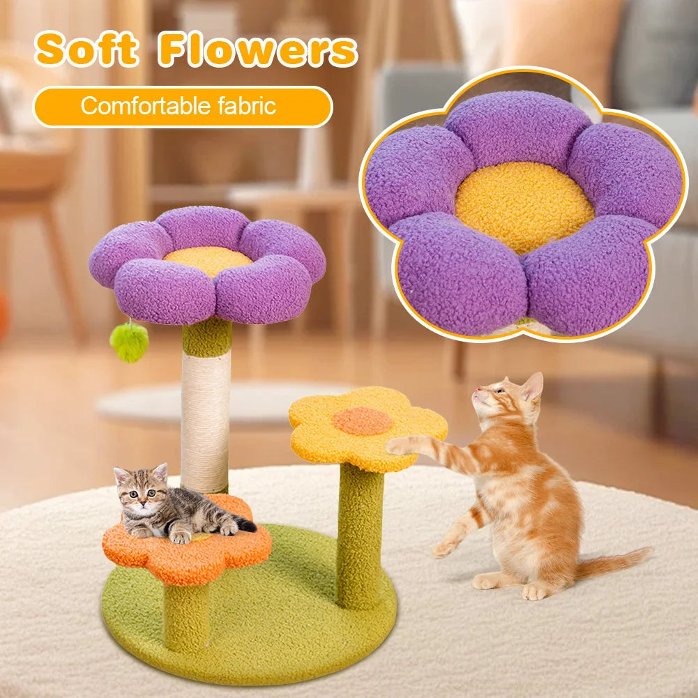Flower Cat Tree Tower Cat Climbing Frame Sisal Wrapped Cute Cat Tree Multi-Function Interactive Cat Tower 3 Layer for Kittens