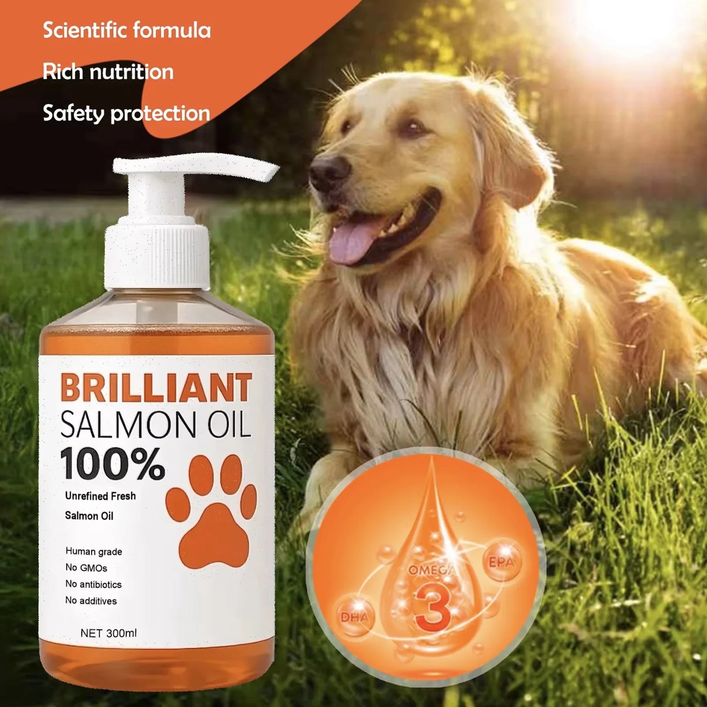 Human-Grade Salmon Oil (500ml, 300ml, 200ml 100ml) for Dogs & Cats Omega 3 Fatty Acids Supplement for Optimal Health & Nutrition