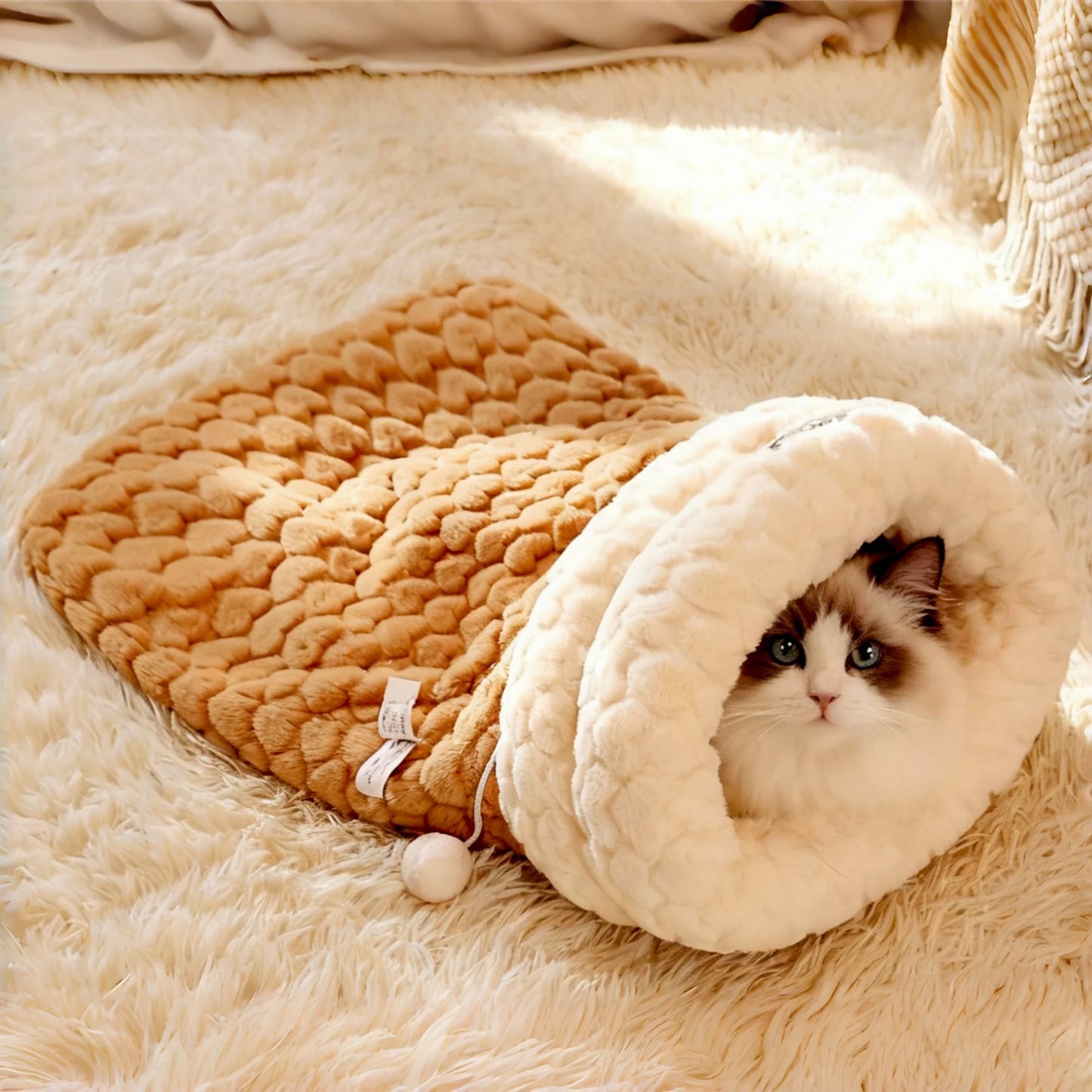 Cozy Cave Cat Sleeping Bag: Winter Warm Semi-Enclosed Pet Bed with Security Hood - Self-Warming Fluff Pocket for Anxious Cats