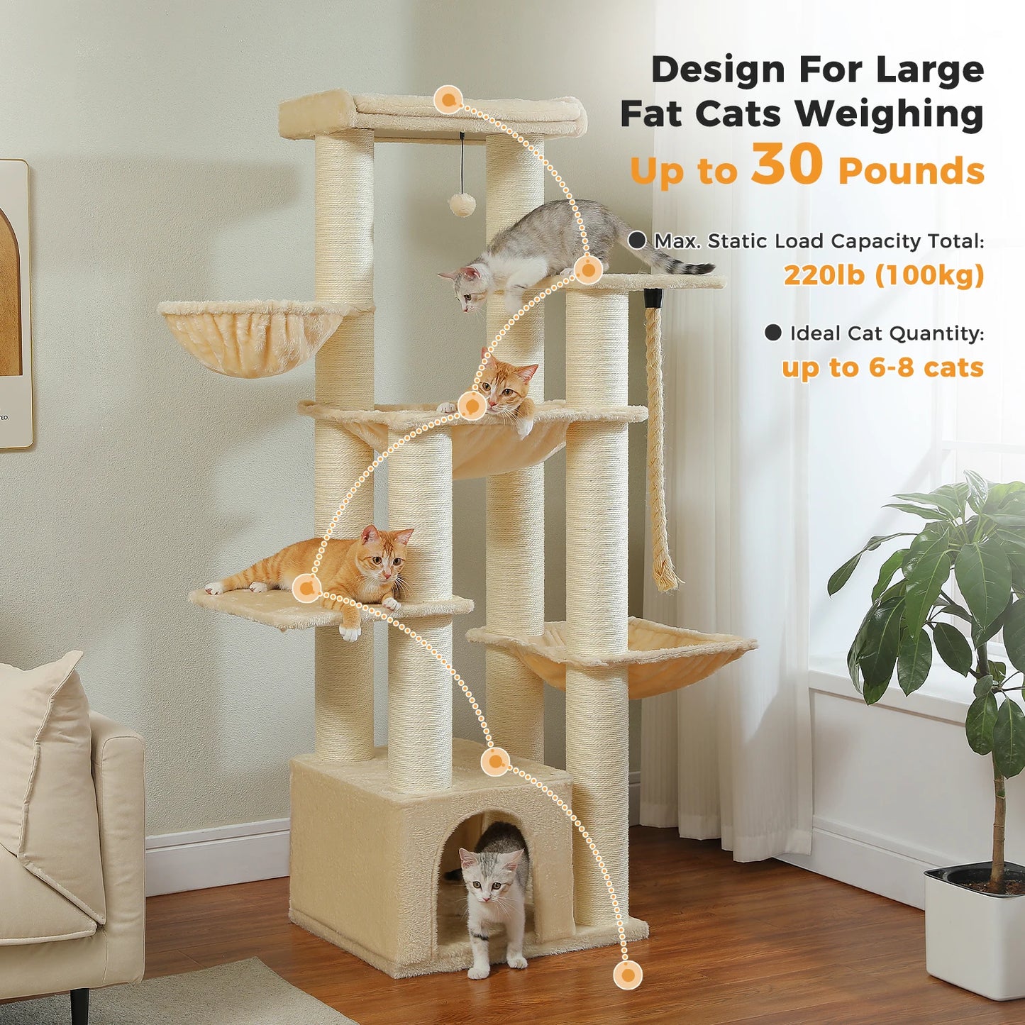 Large Cat Tree for Big Cats Robust Cat Tower with Several Levels Cat House Climbing Tree with Hammock 11 Sisal Posts Large Perch