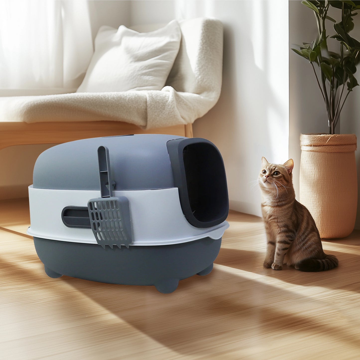 Large Cat Litter Box with Lid Splashproof Enclosed Potty Cat Toilet Scoop Easy to Clean for for Cats and Kittens