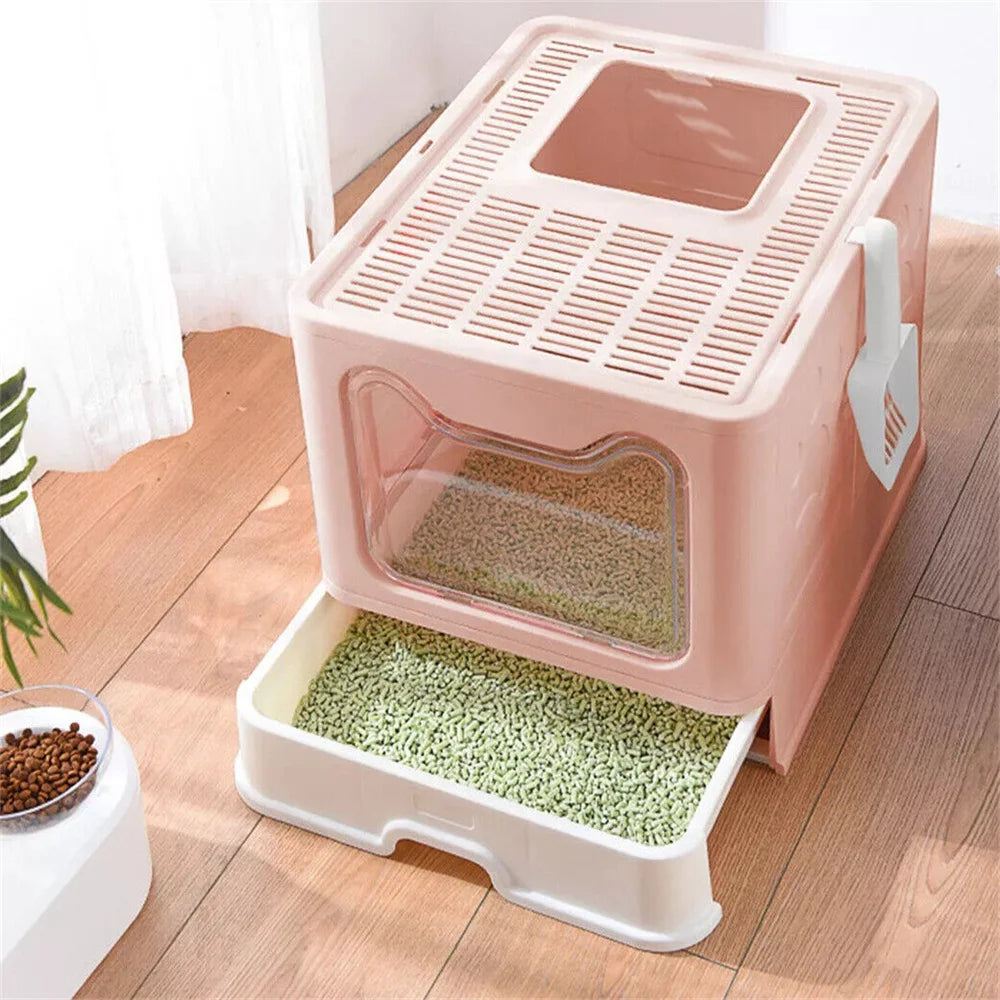 Large Pink Cat Litter Box Tray Top Entry Cat Toilet with Lid Hooded Kitten Litter Drawer Tray with Scoop No Smell Easy Cleaning