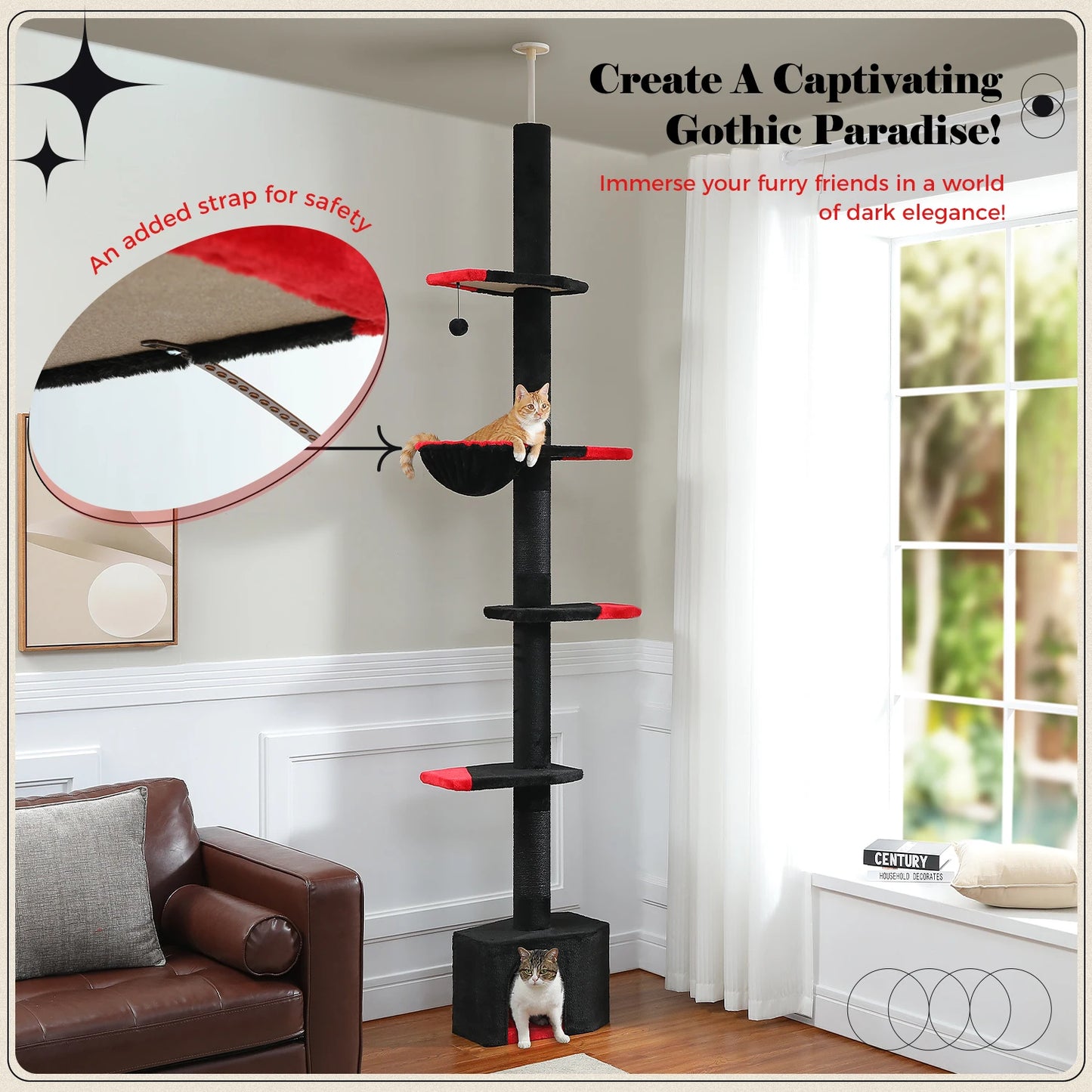 Cactus Cat Tree Adjustable Floor-to-Ceiling Cat Tower Safe Multi-Level Climbing & Play Tower for Multi-Cat Homes,Cat Accessories
