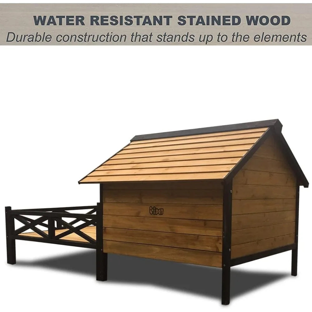 Wooden Large Dog House 43.3" L x 69.9" W x 32.7" H Extreme Outback Log Cabin Weatherproof Outdoor Pet Kennel, Cabin Style Elevat