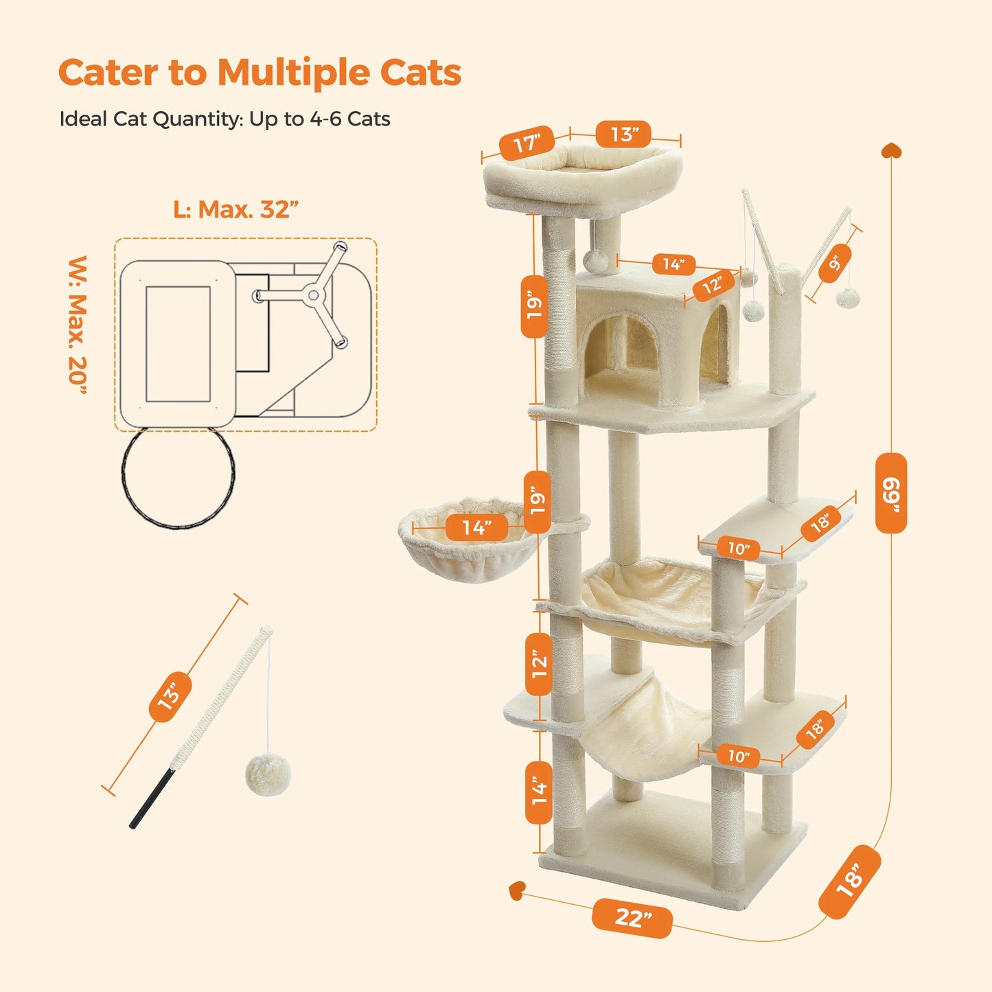 Stable&Safe Cat Tree Multi-Level Cat Tower with Spacious Hammock&Top Perches,Comfortable Condo Perfect for Indoor Cats,Cat Toy