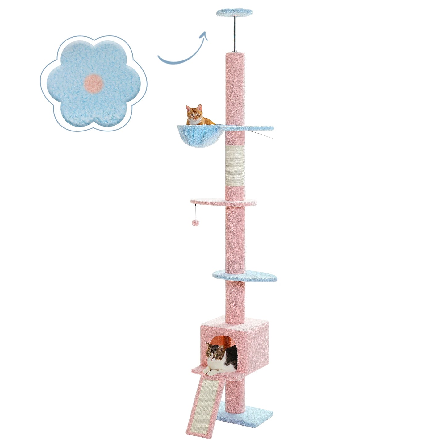 Floor to Ceiling 5 Tiers Cat Tree Tower Cat Climbing Tree Adjustable Height  for Indoor Cats with Condo Scratching Post Ladders