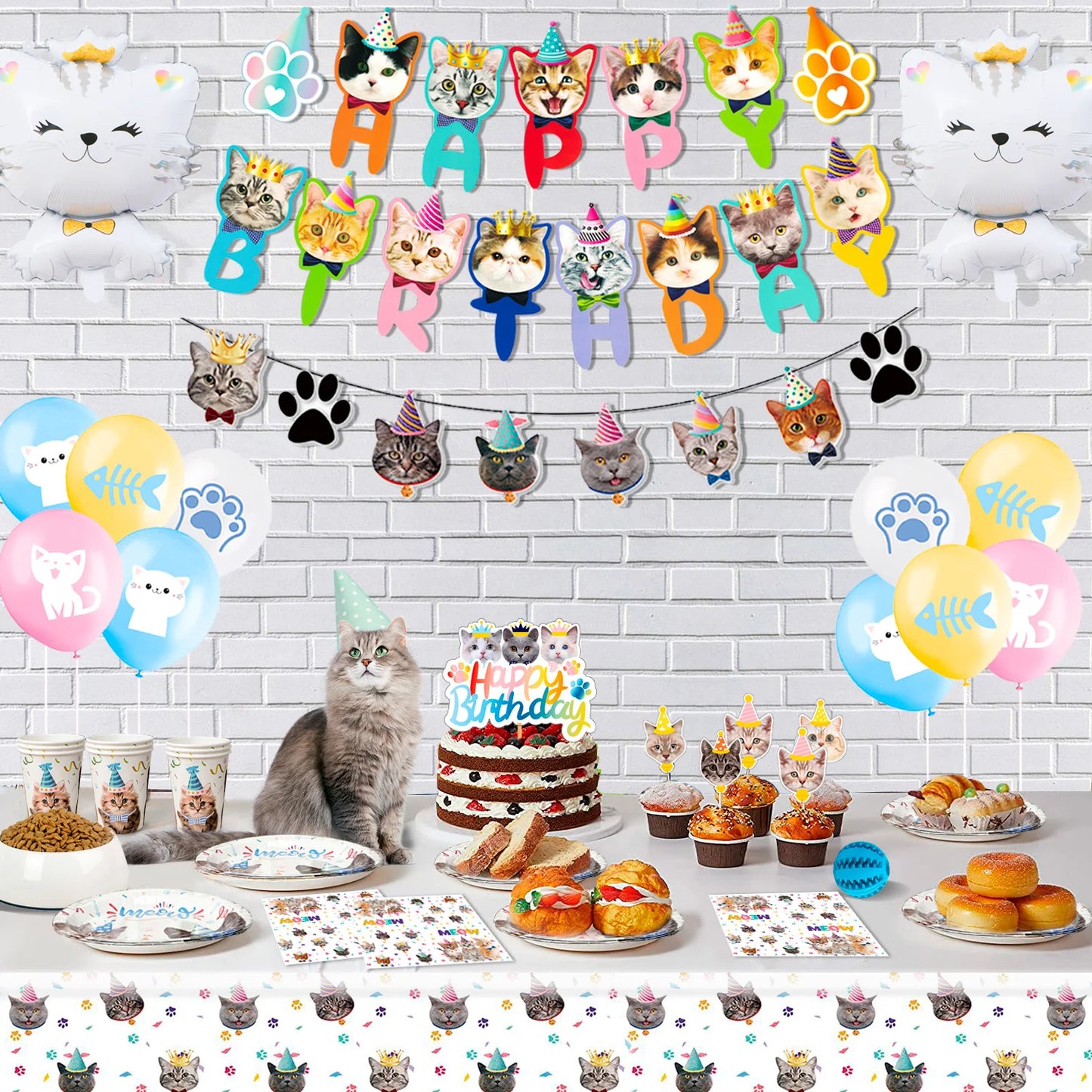 Cat Birthday Party Supplies,93pcs Birthday Decorations &Theme Tableware Set-Party Plates Napkins Tablecloth&Banner Balloons etc