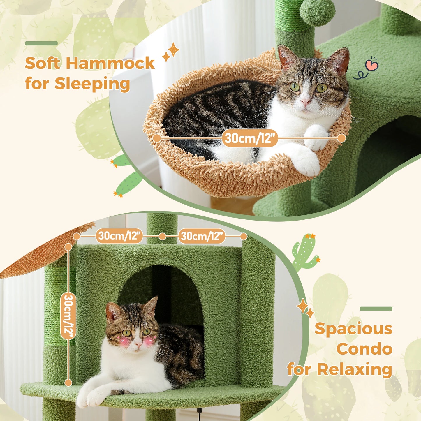 Cactus Cat Tree with Sisal Covered Scratching Posts, Large Condo, Cozy Hammock and Plush Perch, Cat Tower for Indoor, Cat House