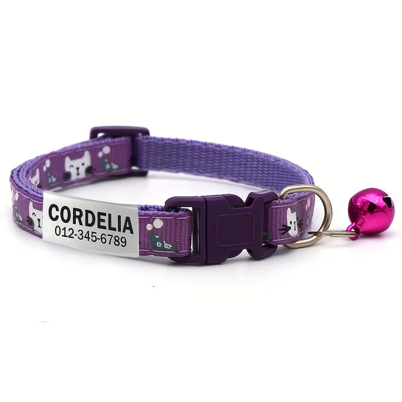 Personalized Printed Cat Collar With Bell Adjustable Kitten Puppy Collars Free Engraved ID Nameplate Anti-lost Safety Buckle