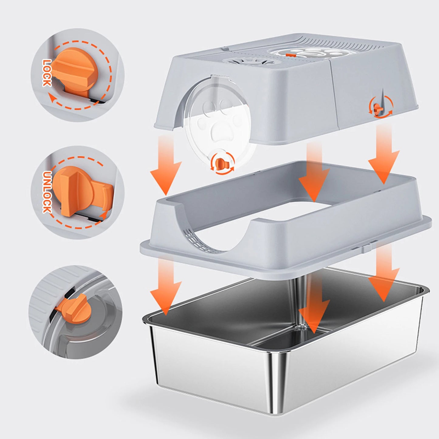 Stainless Steel Cat Litter Box, High Sided Enclosure Cat Toilet With Lid, Front And Top Door, Sand Filter Pedal & Litter Scoop