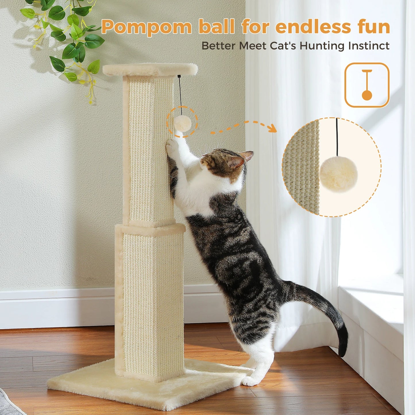 80CM Pet Cat Tree Scratching Post for Indoor Plush Top Perch Stable Durable with Ball Black Natural Sisal Protecting Furniture