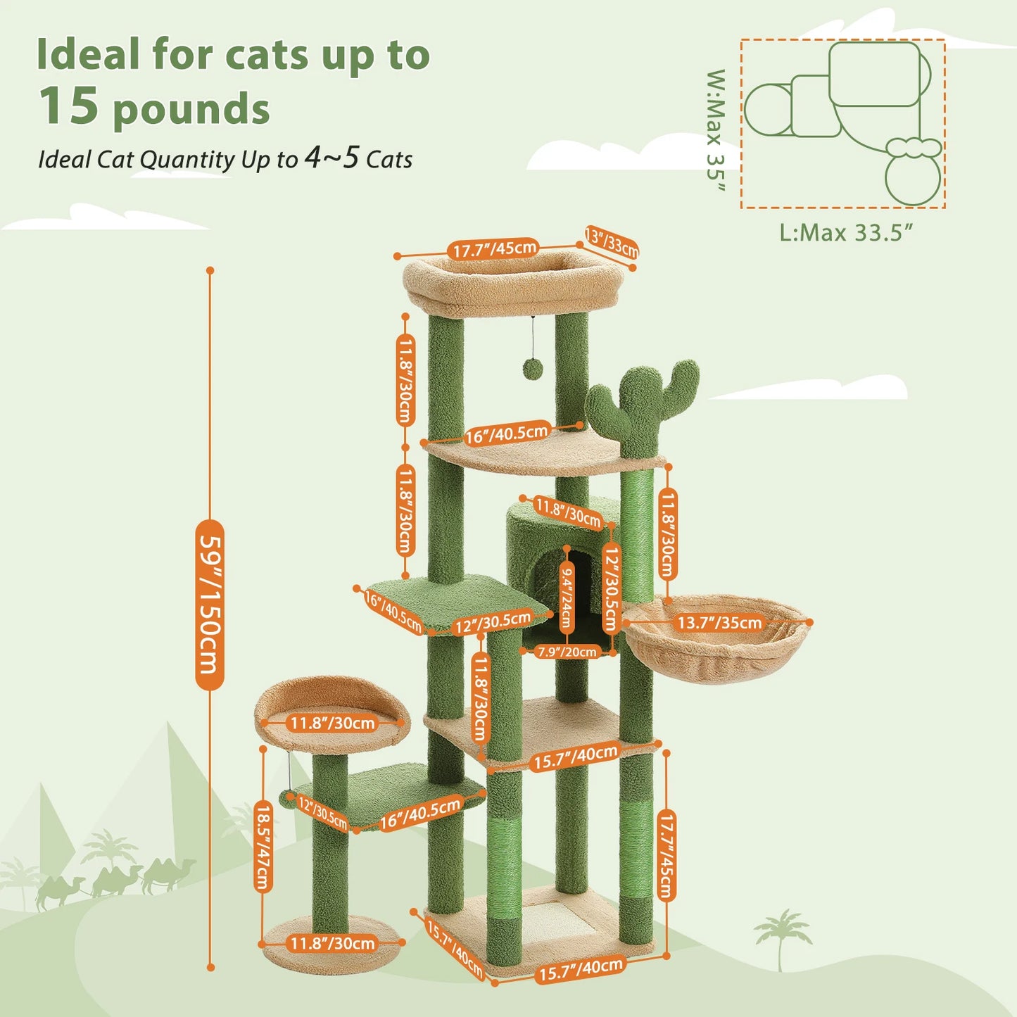 Tall Cat Tree for Large Cat Multi-Level Cactus Cat Tower for Indoor Cats Cat Condo with Large Hammock Scratching Post  2 Perches