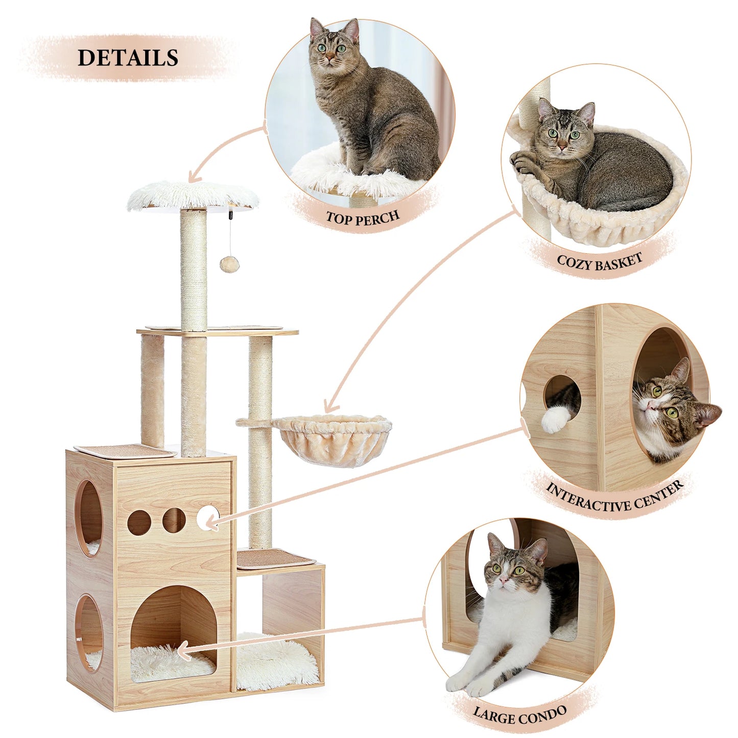 Wood Cat Tree with Sisal Scratching Posts, Large Top Perch, Deep Hammock, Cozy Cat Condo for Indoor, Multi-Level Cat Tower House