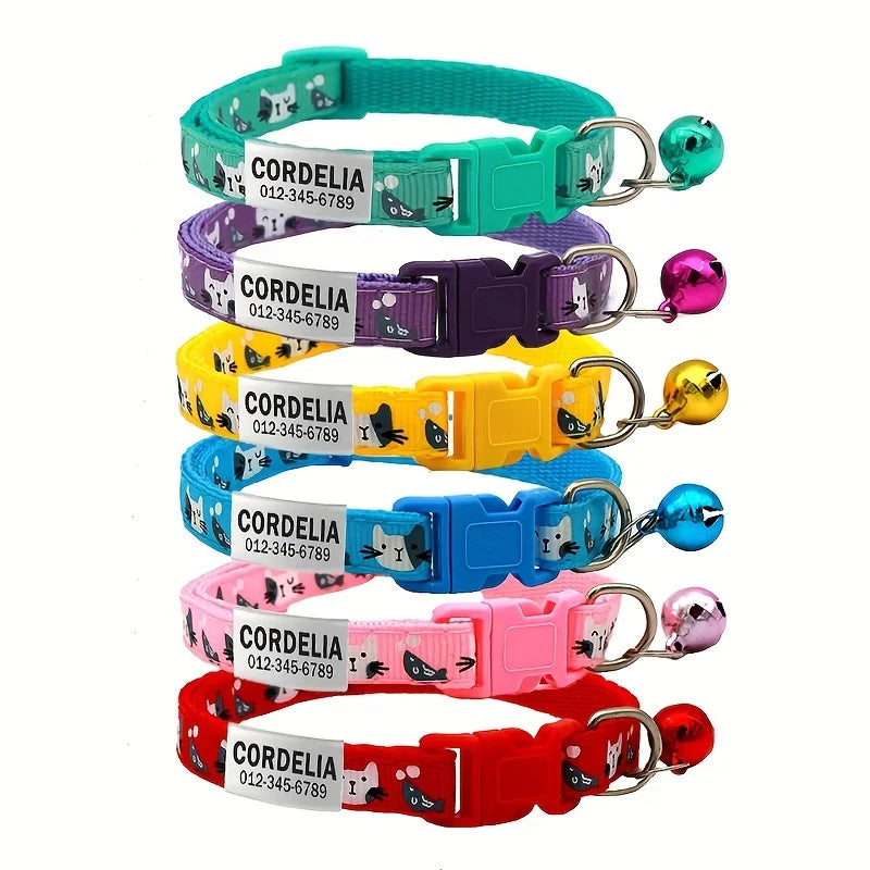 Personalized Printed Cat Collar With Bell Adjustable Kitten Puppy Collars Free Engraved ID Nameplate Anti-lost Safety Buckle