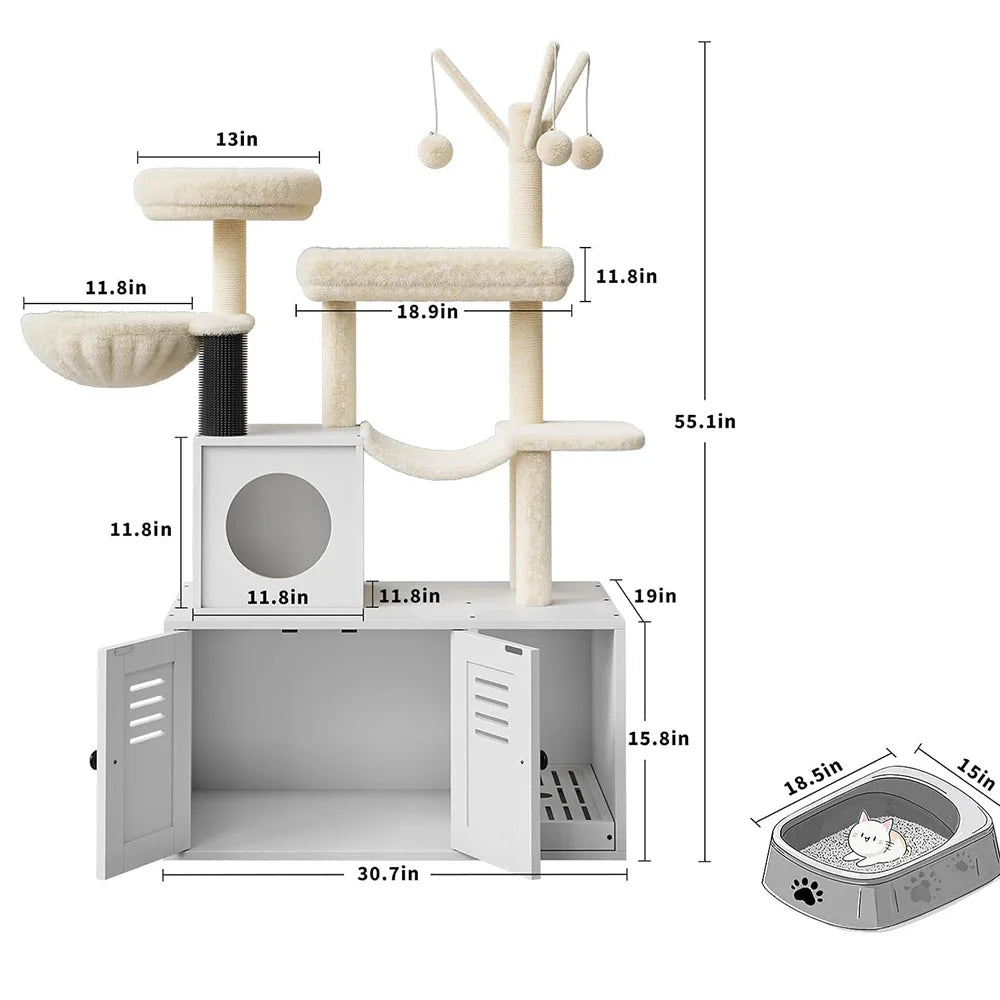 Litter Box Enclosure with Cat Tree Tower Condo - 3-in-1 Cat House Multi-Level Design for Climbing, Wooden Cat Furniture