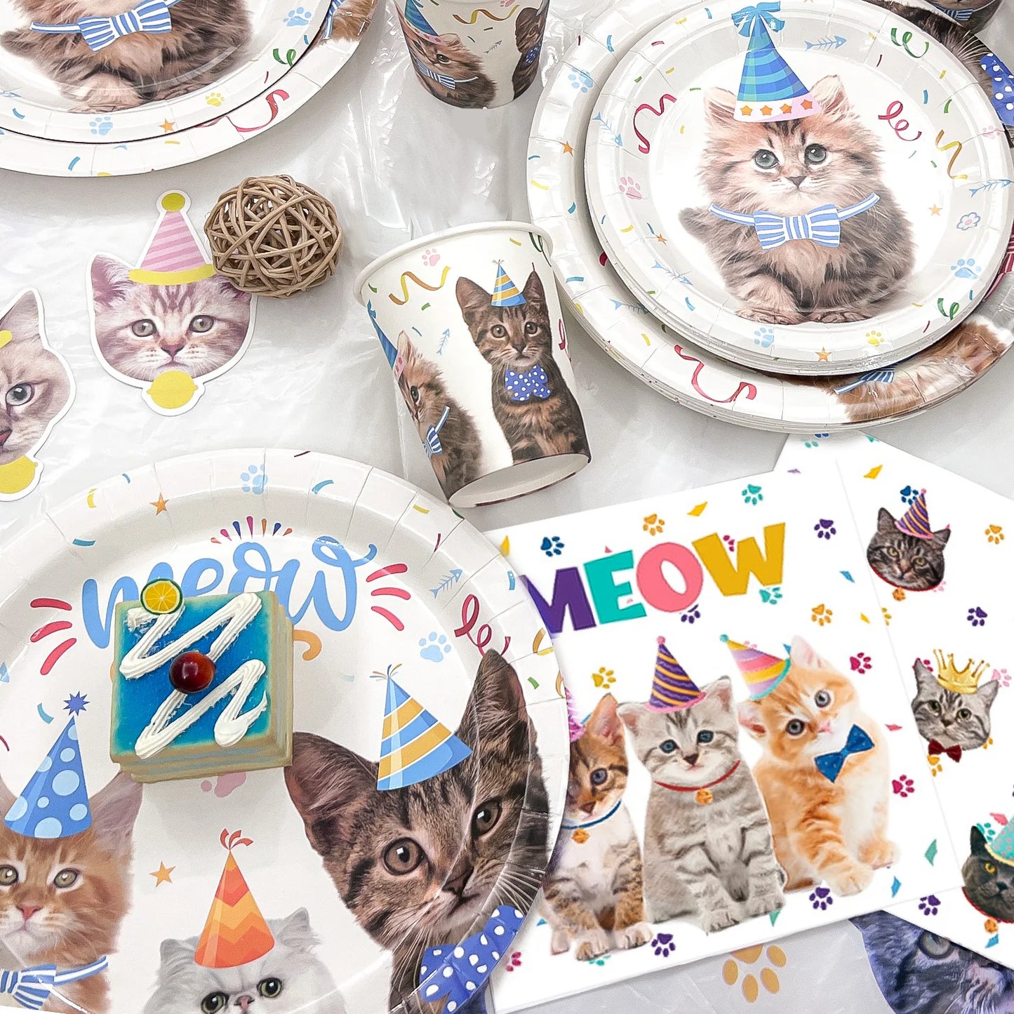 Cat Birthday Party Supplies,93pcs Birthday Decorations &Theme Tableware Set-Party Plates Napkins Tablecloth&Banner Balloons etc