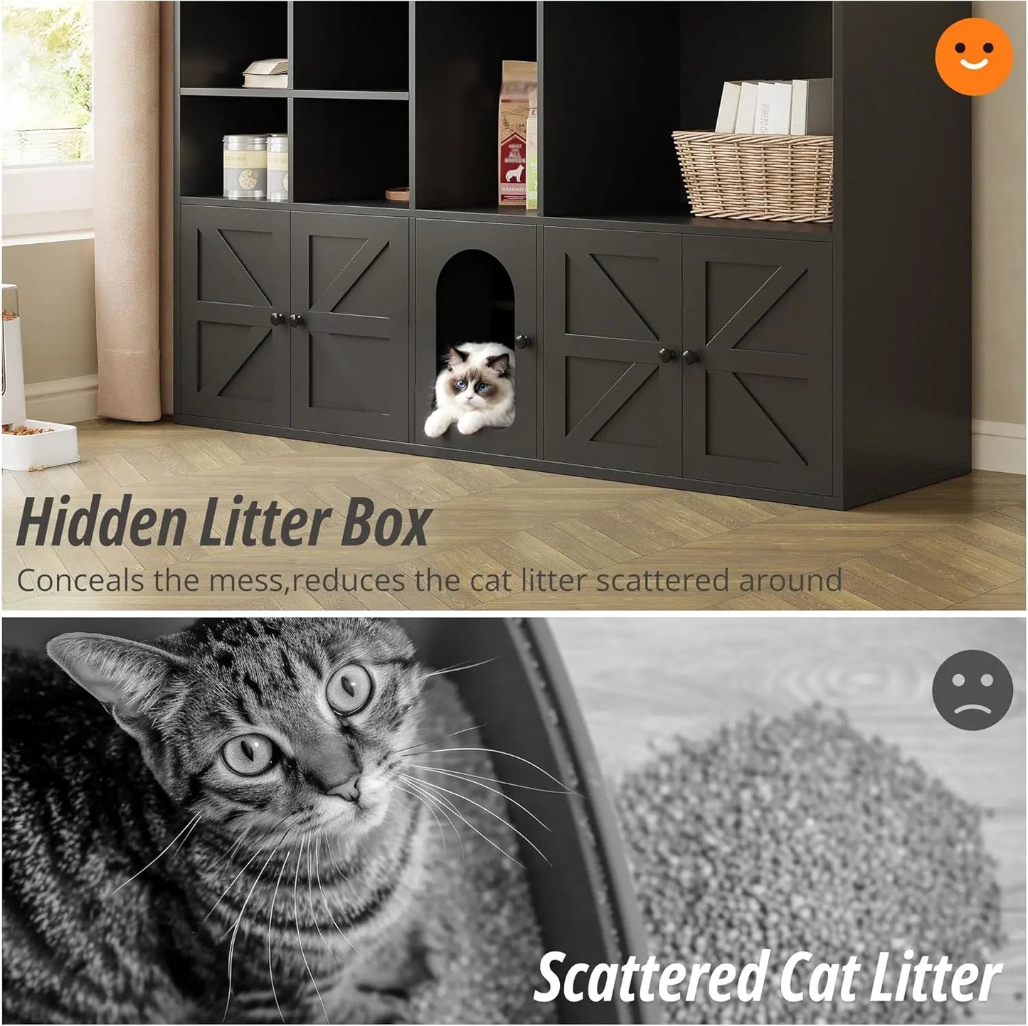IRONCK Cat Litter Box Enclosure for 2 Cats, Litter Box Furniture Hidden with Double Room and Large Storage Space, Bookcase