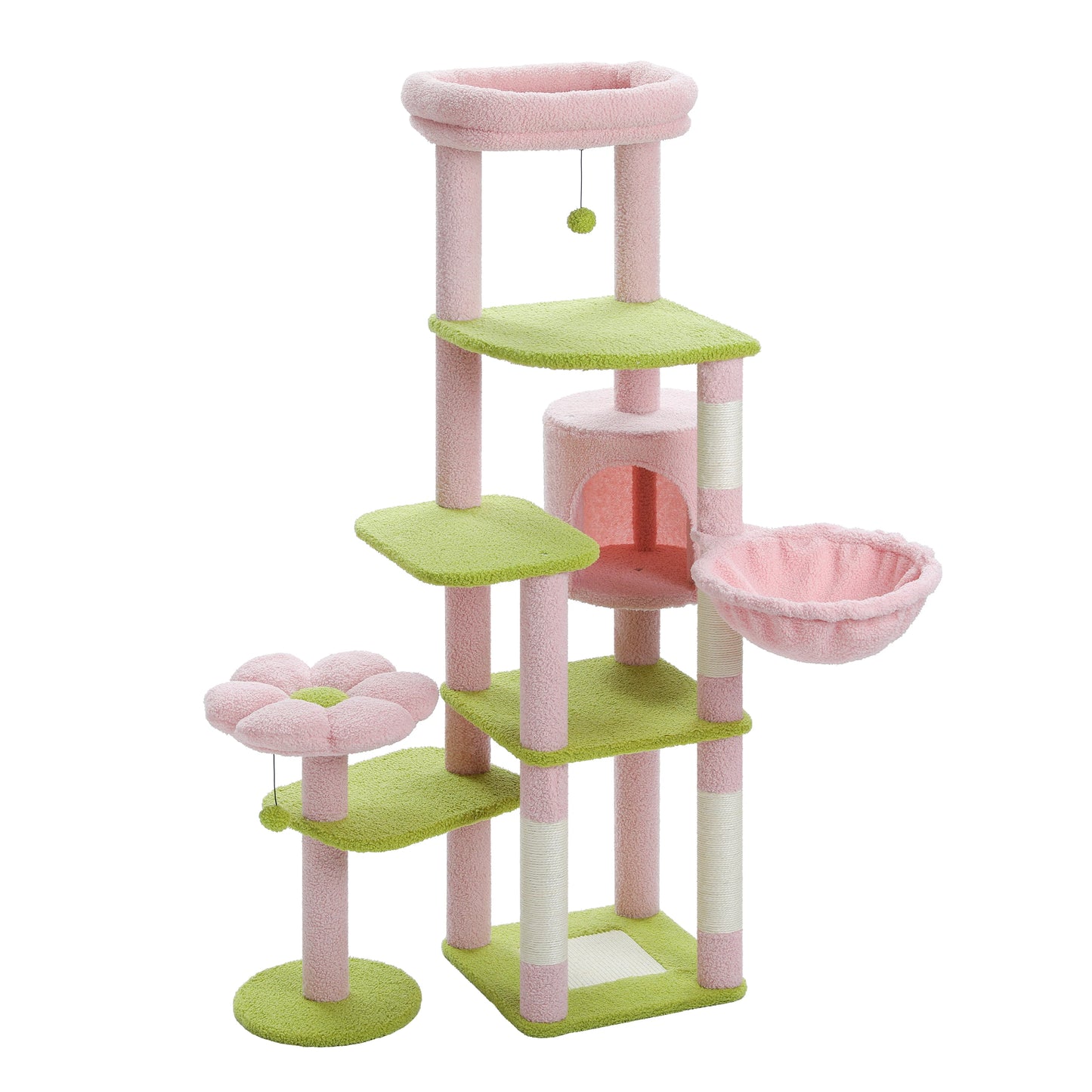 Stable Cat Tree Tower with Anti-Toppling Device,Cozy Detachable Top Bed,Cute Round Cat Condo,Large Hammock,Replaceable Pompoms