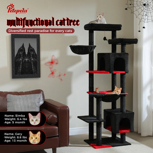 Tall Cat Tree for Indoor Cats Big Cat Tower with Super Large Hammock Cat Climbing Tree with Scratching Posts Condo House Black