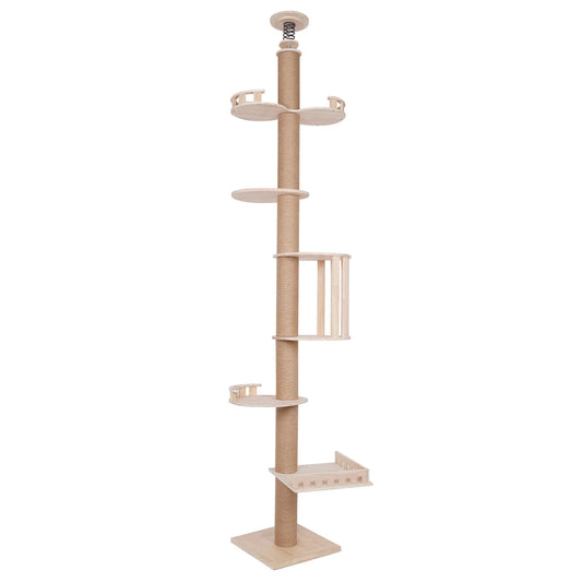 Durable 5-Tier Cat Tree with Scratching Posts, Wooden Cages, and Climbing Platforms for Cats, Easy Installation, Safe and