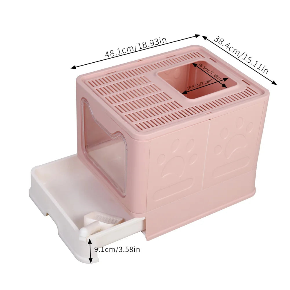 Large Pink Cat Litter Box Tray Top Entry Cat Toilet with Lid Hooded Kitten Litter Drawer Tray with Scoop No Smell Easy Cleaning