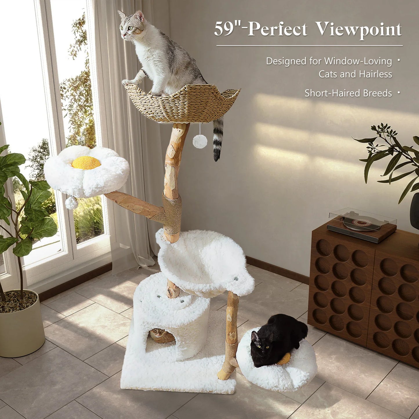 Solid Wood Cat Tree Modern Cat Tower with Spacious Cat Condo,Flower Perches,Fun Pompom,Double Comfort Perfect for Indoor Kittes