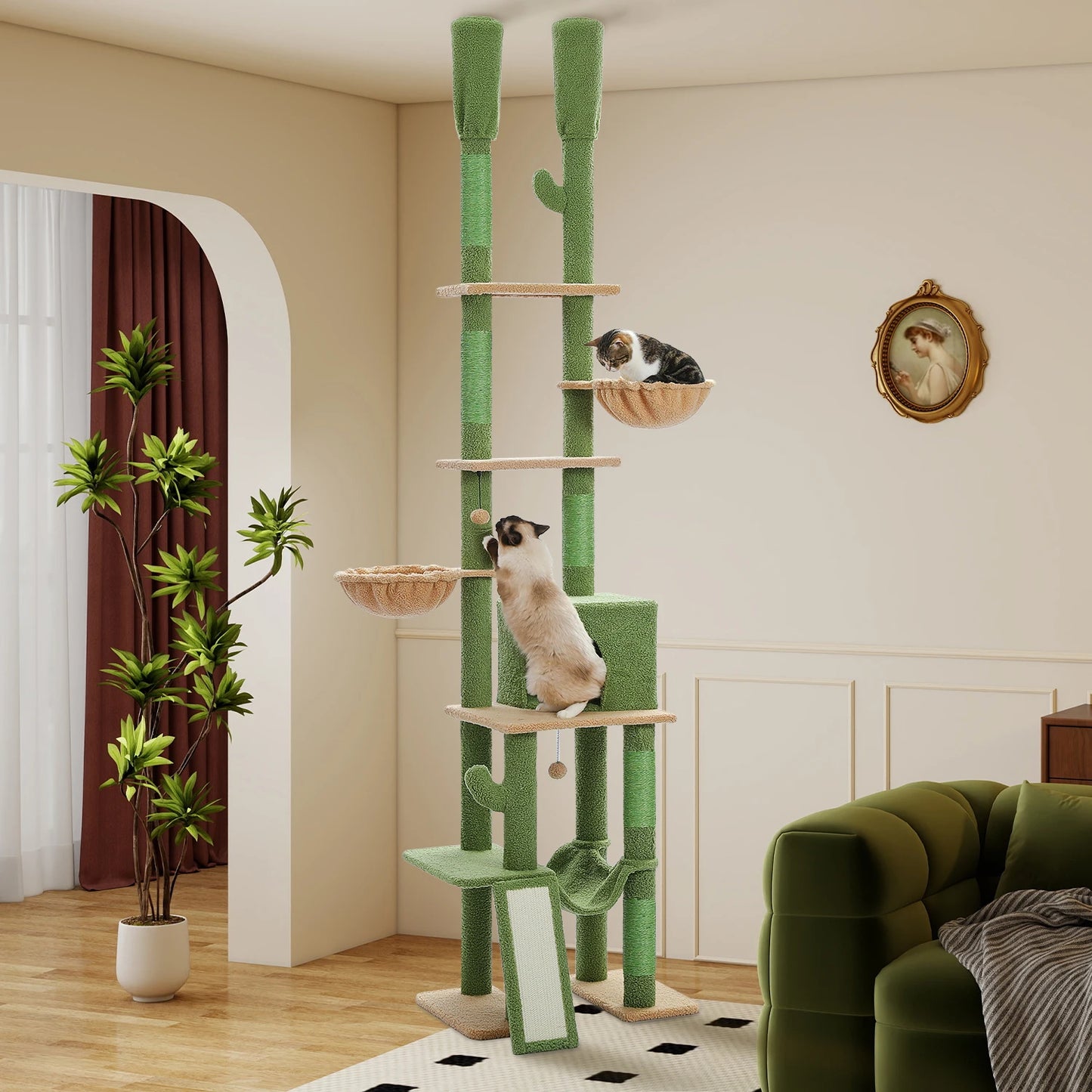 Cactus Cat Tree Adjustable Floor-to-Ceiling Cat Tower Safe Multi-Level Climbing & Play Tower for Multi-Cat Homes,Cat Accessories
