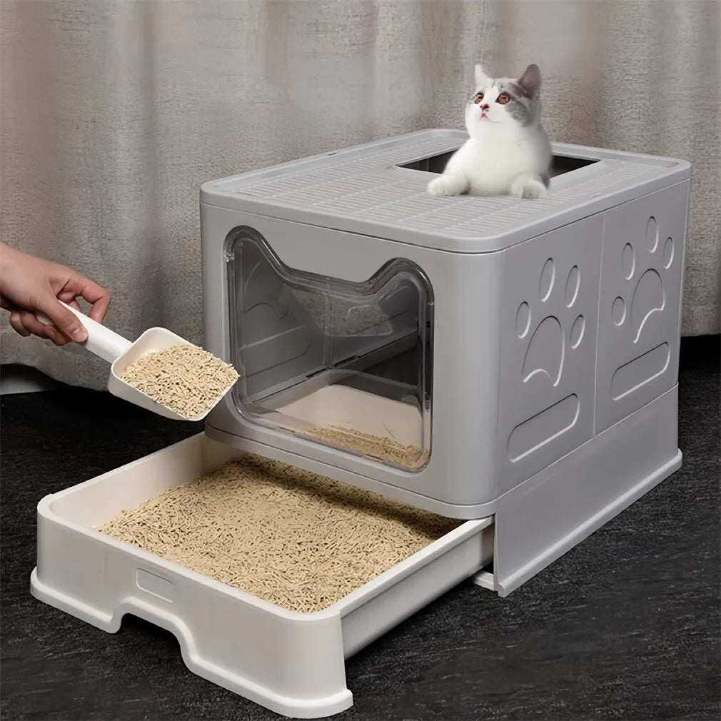 Easy Cleaning Cat Litter Box Large Cat Pan Drawer Anti-Splashing Cat Potty Toilet Tray with Scoop
