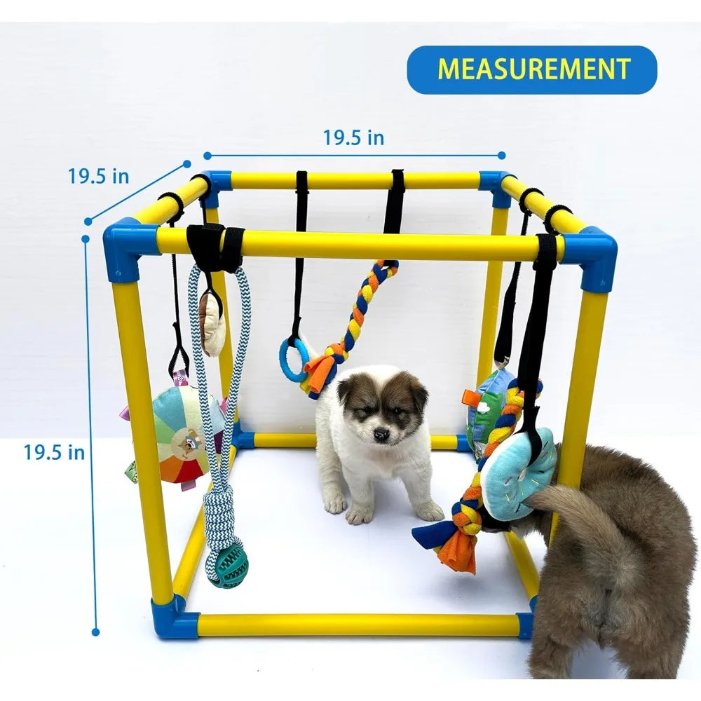 Dewonch Puppy Play Gym with 8 Hanging Toys, Small Dogs Indoor Jungle Gym, PVC Frame with Bungee Straps Enrichment Activity Cente