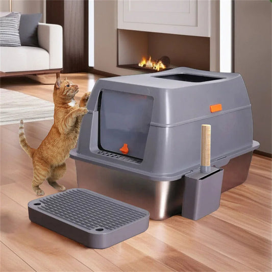 XXL Stainless Steel Cat Litter Box Enclosed Puppy Cat Litter Tray with Lid Large Litter Pan High Wall Side Easy Cleaning Toilet