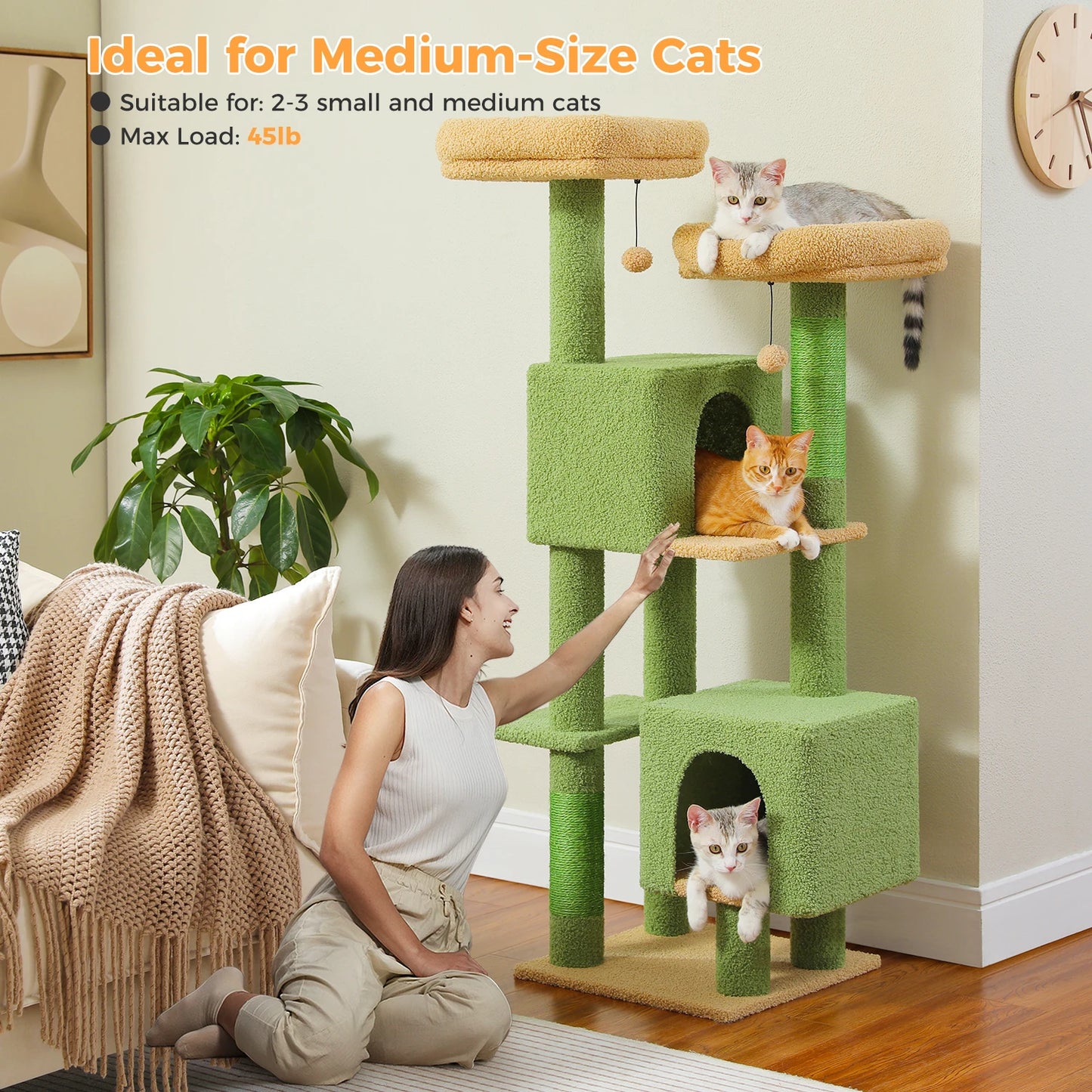 Cactus Cat Tree, 133cm Cat Tower for Indoor Cats, Cute Cat Tree with 2 Padded Perches, 2 Condos & 2 Scratching Posts