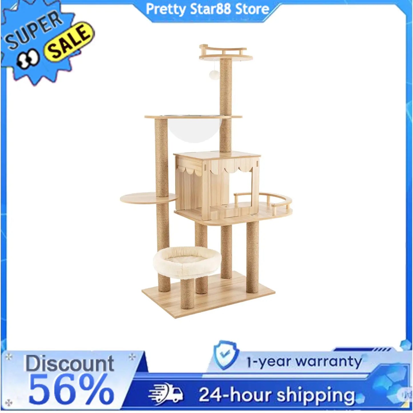 Multi-Level Wood Cat Tree Tower for Indoor All-in-one Pets Play Tree Climbing Jumping Toy Frame with Cushionss