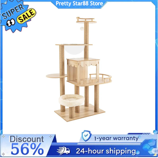 Multi-Level Wood Cat Tree Tower for Indoor All-in-one Pets Play Tree Climbing Jumping Toy Frame with Cushionss