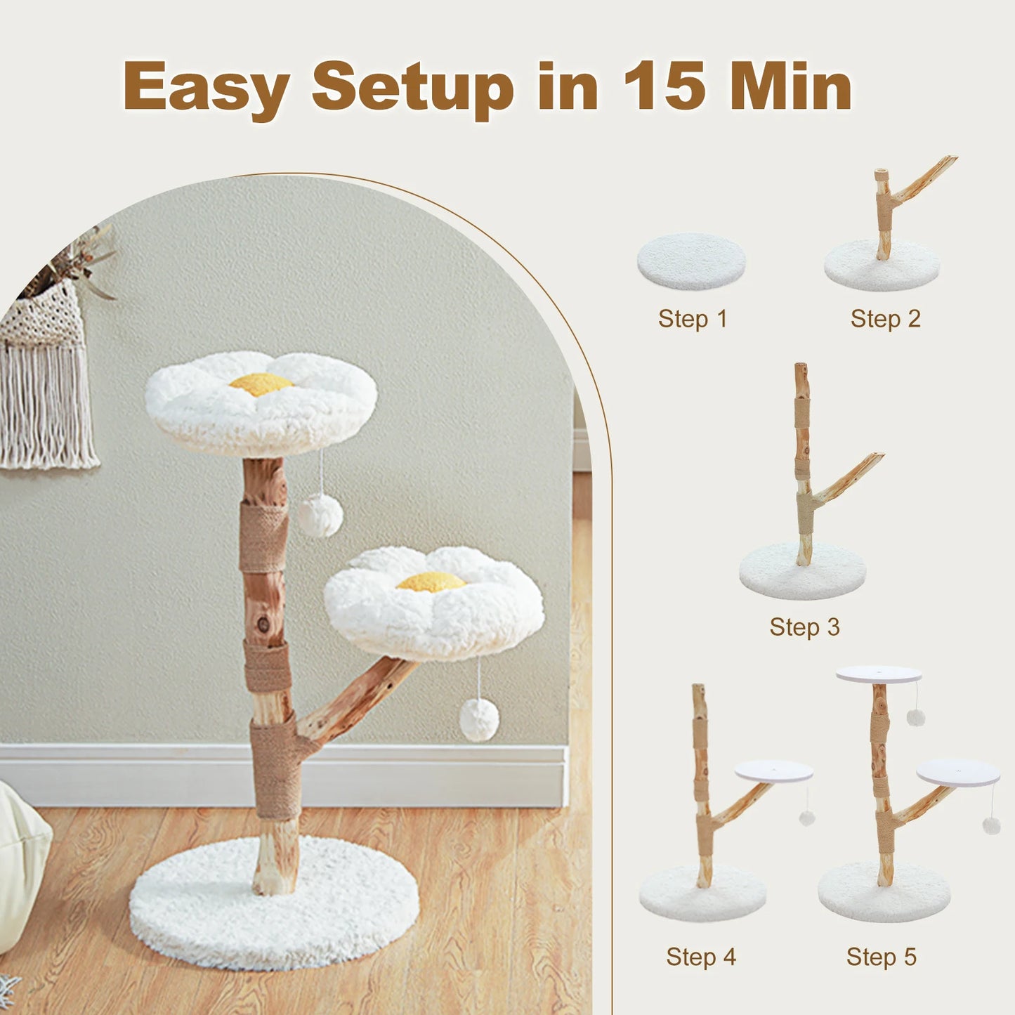 Wood Flower Cat Tree with 2 Perches Sisal Scratching Post Modern Cat Tower for Indoor Cats Luxury Boho Cat Furniture Cat Toys