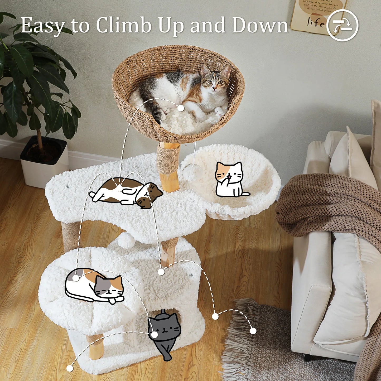 Modern Cat Tree for Indoor Cats Solid Wood Cat Tower with Luxury Cat Condo Cozy Hammock Scratching Post Flower Cat Bed Cat Toys
