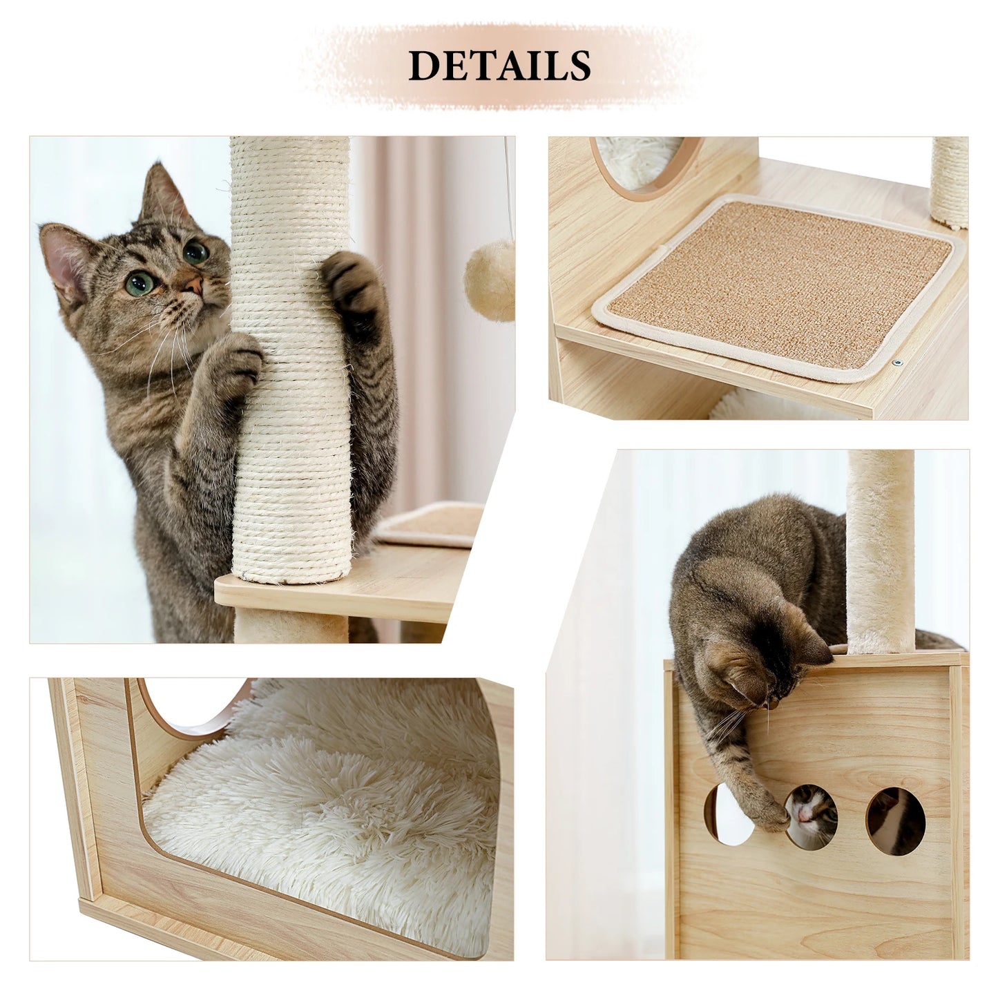 Wood Cat Tree with Sisal Scratching Posts, Large Top Perch, Deep Hammock, Cozy Cat Condo for Indoor, Multi-Level Cat Tower House