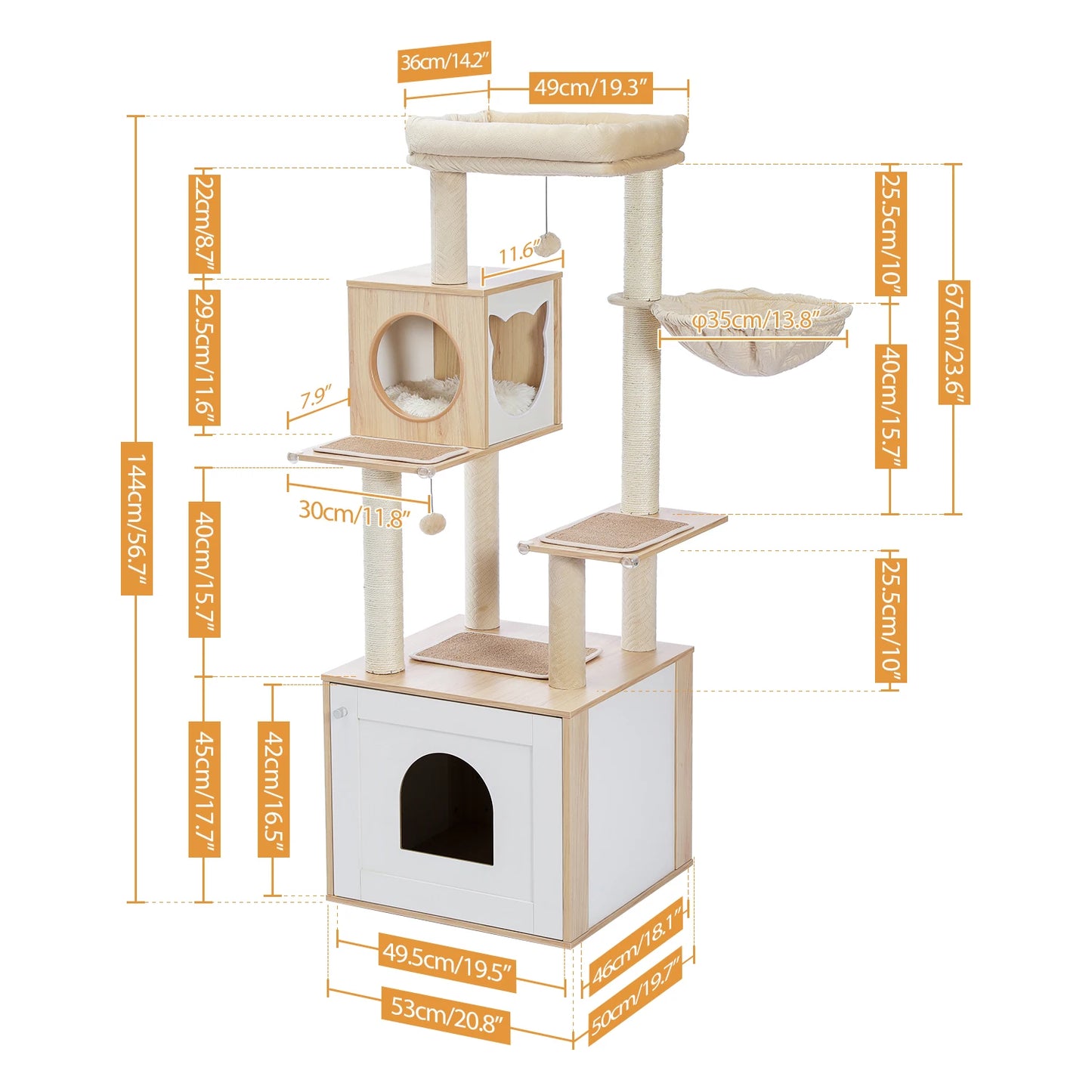 Cat Tree Tower Litter Box Wood Structure Storage with Hammock,Comfy Condo,Anti-Slip Mat,Large Cabinet,Big Platform,Sisal Posts