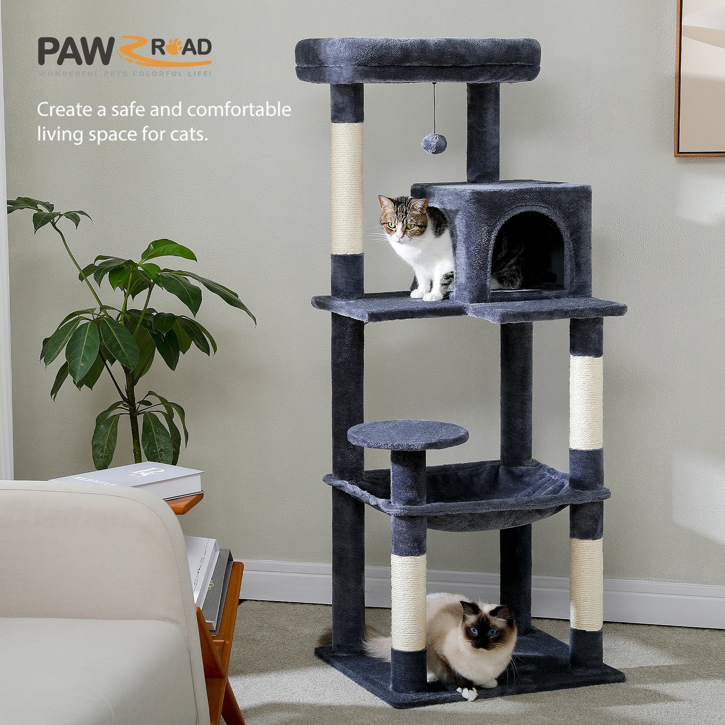 Multi-Level Cat Tree for Indoor, Large Cat Tower with Sisal Scratching Post, Large Condo, Cat Scratcher, Cat Toys, 6 Colors