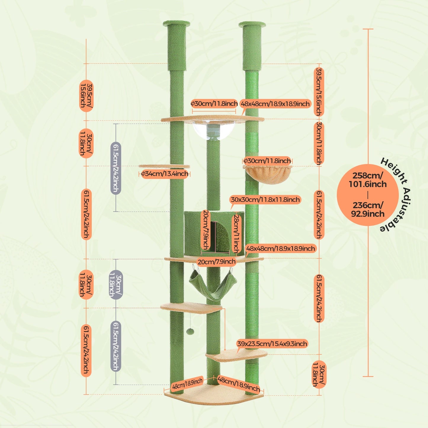 Adjustable Height Tall Cat Tree with Sisal Scratching Posts Spacious Condo Large Hammock Multi-Level Cat Tower Cat Accessories