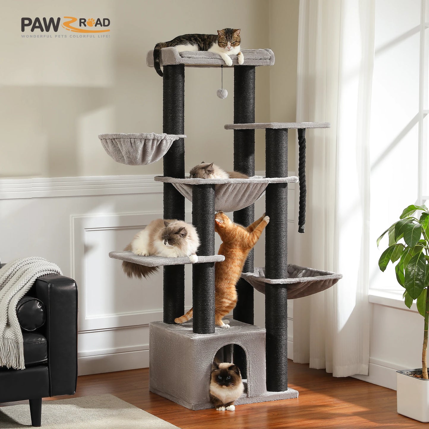 Large Cat Tree for Big Cats Robust Cat Tower with Several Levels Cat House Climbing Tree with Hammock 11 Sisal Posts Large Perch