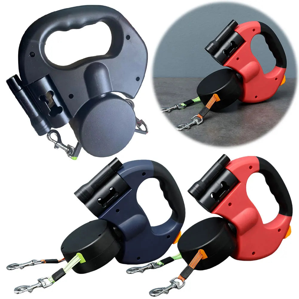 Double Headed Dog Leash Traction Rope with LED Light Dog Walking Leash Retractable Dog Leash for Small Medium Dogs